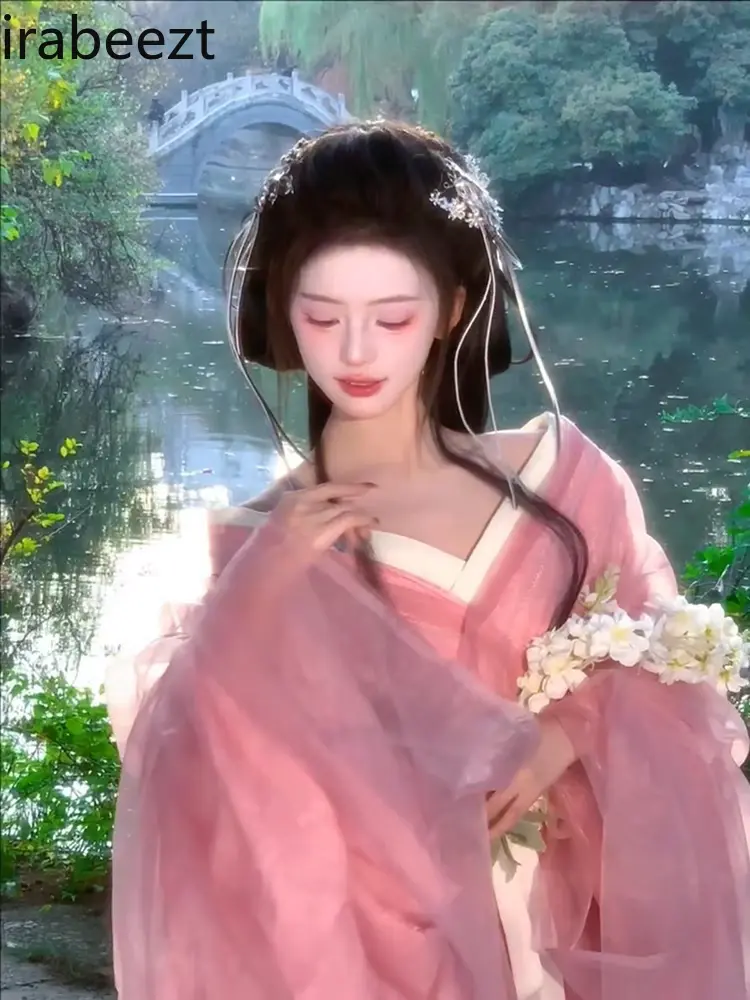 Pink Cross Collar Costume Wei Jin Dynasty Straight Hem Warring States Robe Chinese Traditional Dress for Women
