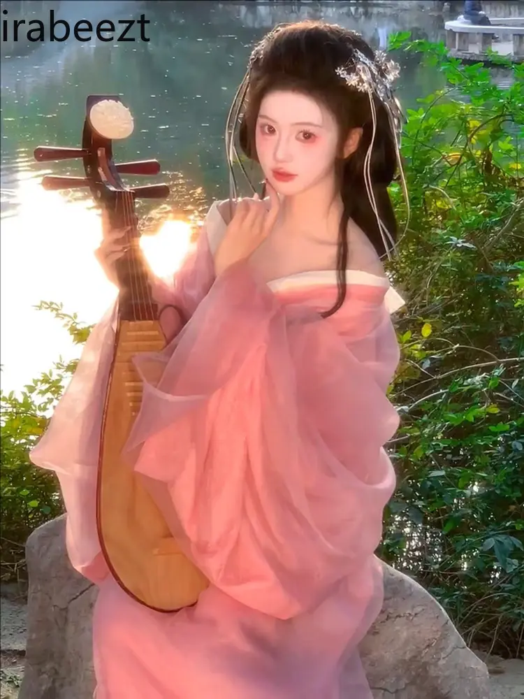 Pink Cross Collar Costume Wei Jin Dynasty Straight Hem Warring States Robe Chinese Traditional Dress for Women