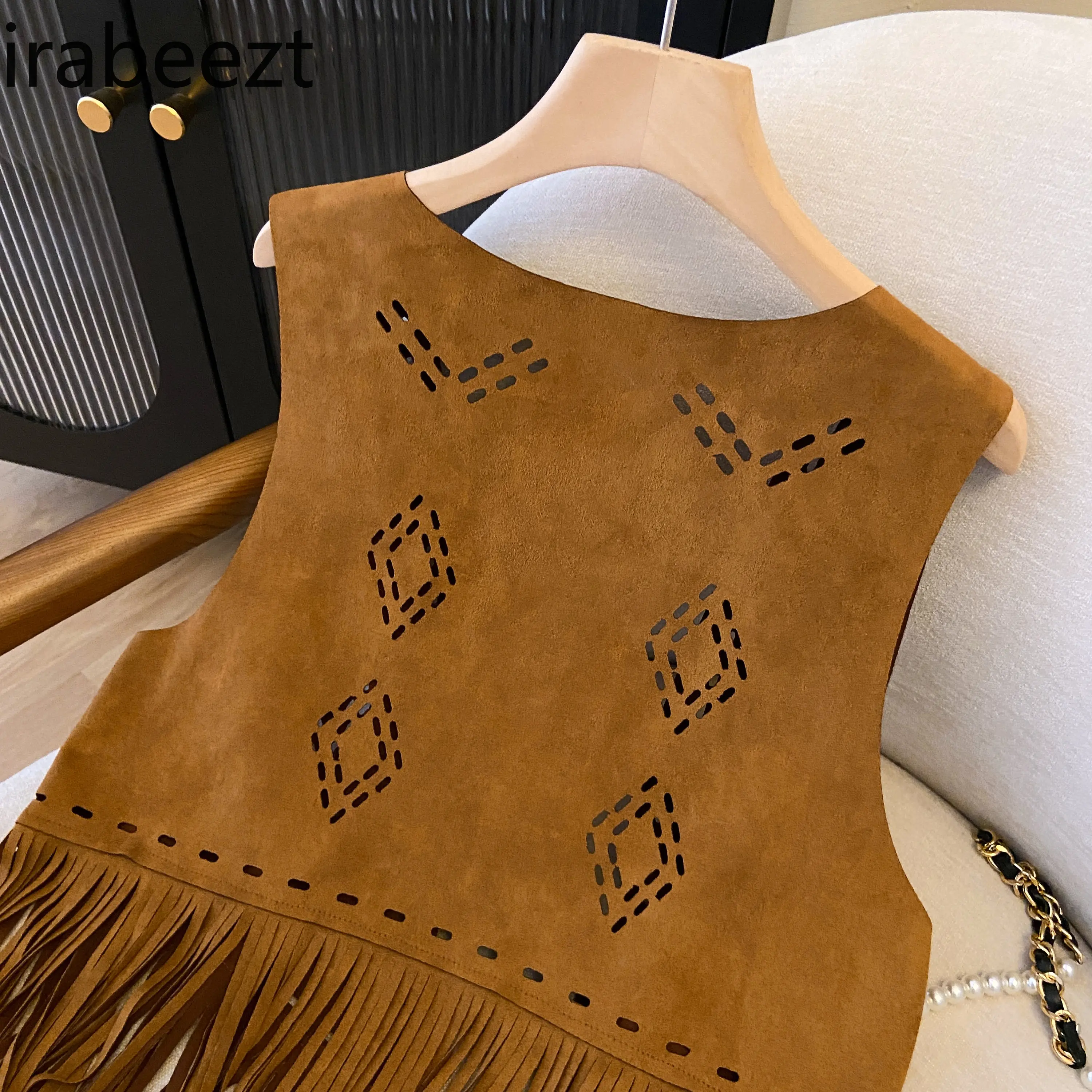 Bohemian Fringe Suede Vest Women's Western Denim Openwork Jacket Casual Crochet Lace-Up Cardigan Casacas Para Mujer
