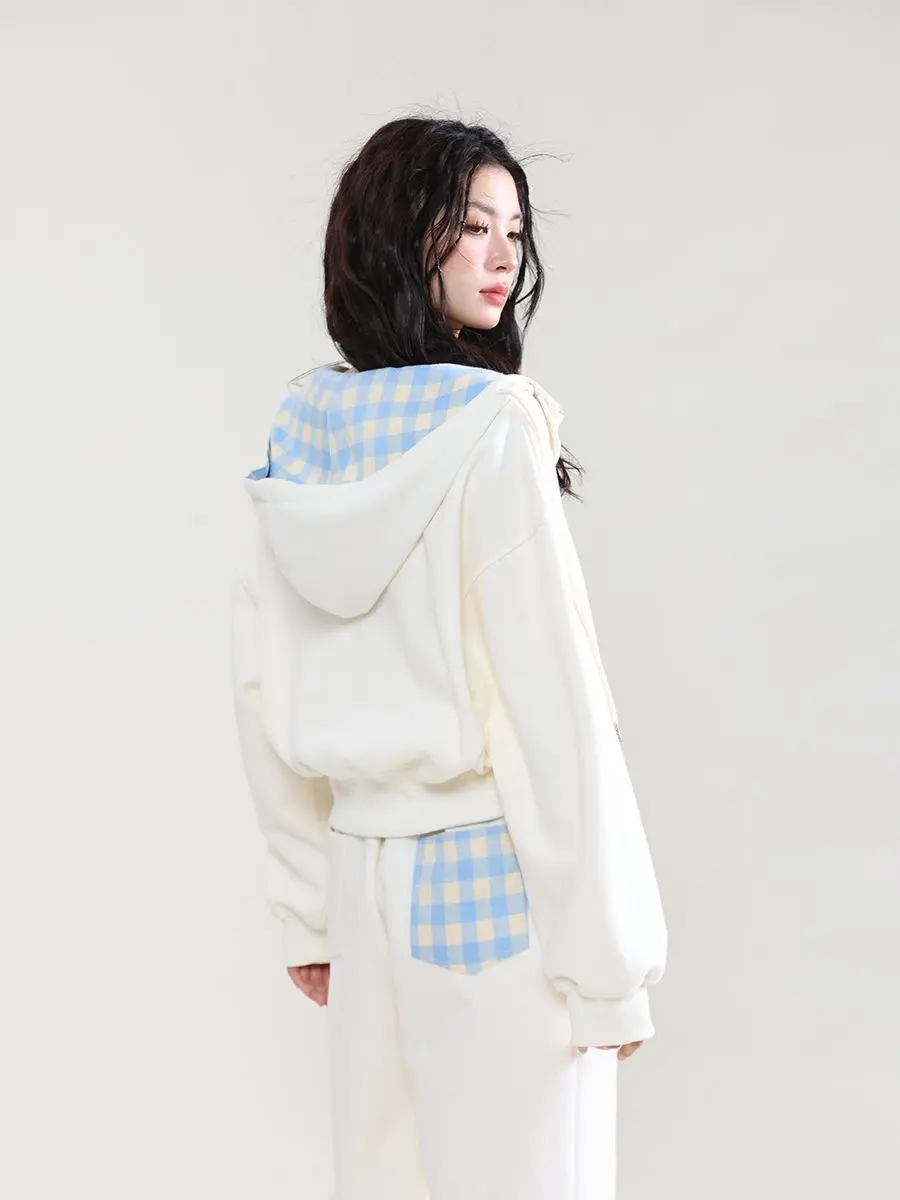 Slouchy Sweet Loose Milk Plaid Casual Hooded Cardigan Hoodie Women 205 Spring and Autumn Coat Casual Pants Suit