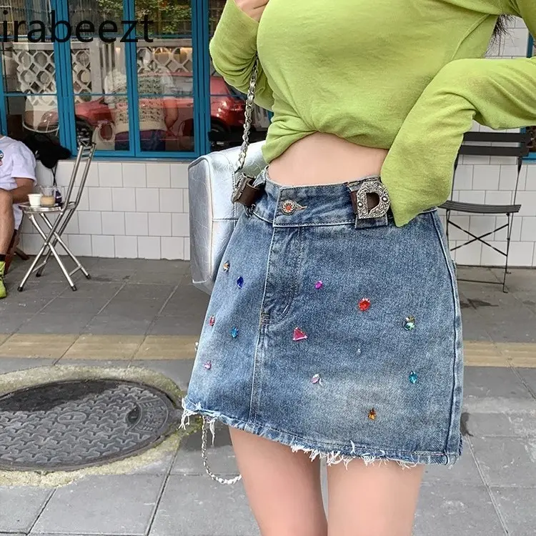High Waist Denim Mini Skirt Women's Retro Rhinestone Embellished Stretch Fitted A-Line Short Skirt with Raw Hem Anti-Peek Casual