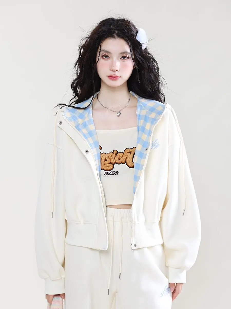 Slouchy Sweet Loose Milk Plaid Casual Hooded Cardigan Hoodie Women 205 Spring and Autumn Coat Casual Pants Suit
