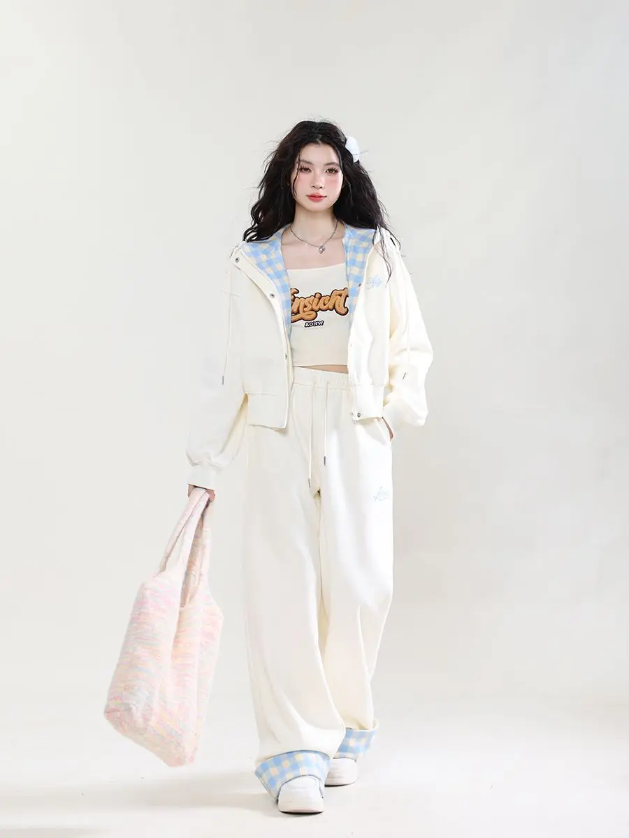Slouchy Sweet Loose Milk Plaid Casual Hooded Cardigan Hoodie Women 205 Spring and Autumn Coat Casual Pants Suit