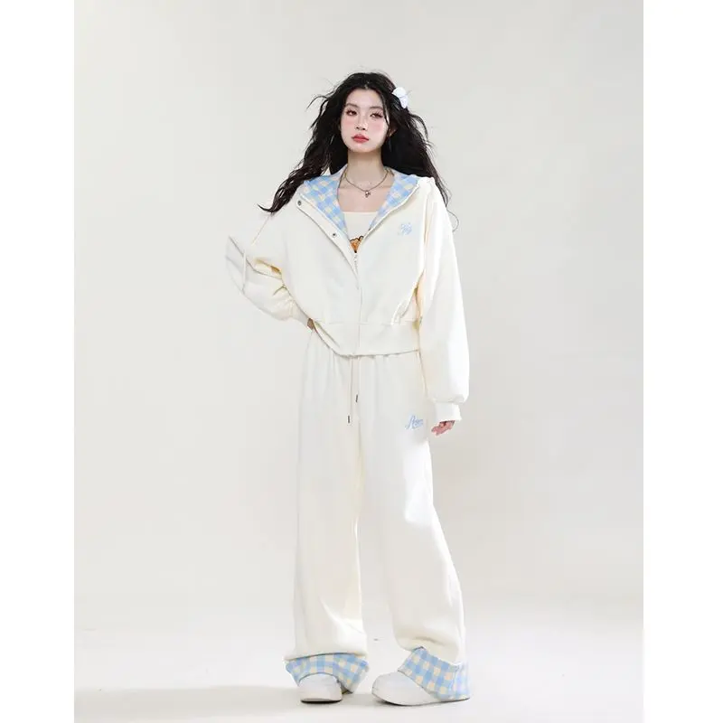 Slouchy Sweet Loose Milk Plaid Casual Hooded Cardigan Hoodie Women 205 Spring and Autumn Coat Casual Pants Suit