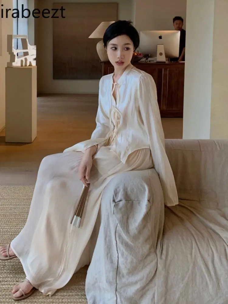 2025 Spring New Chinese Style Satin Bow Tie Shirt + Straight Wide-Leg Skirt Pants Set Women | Elegant Office/Party Wear