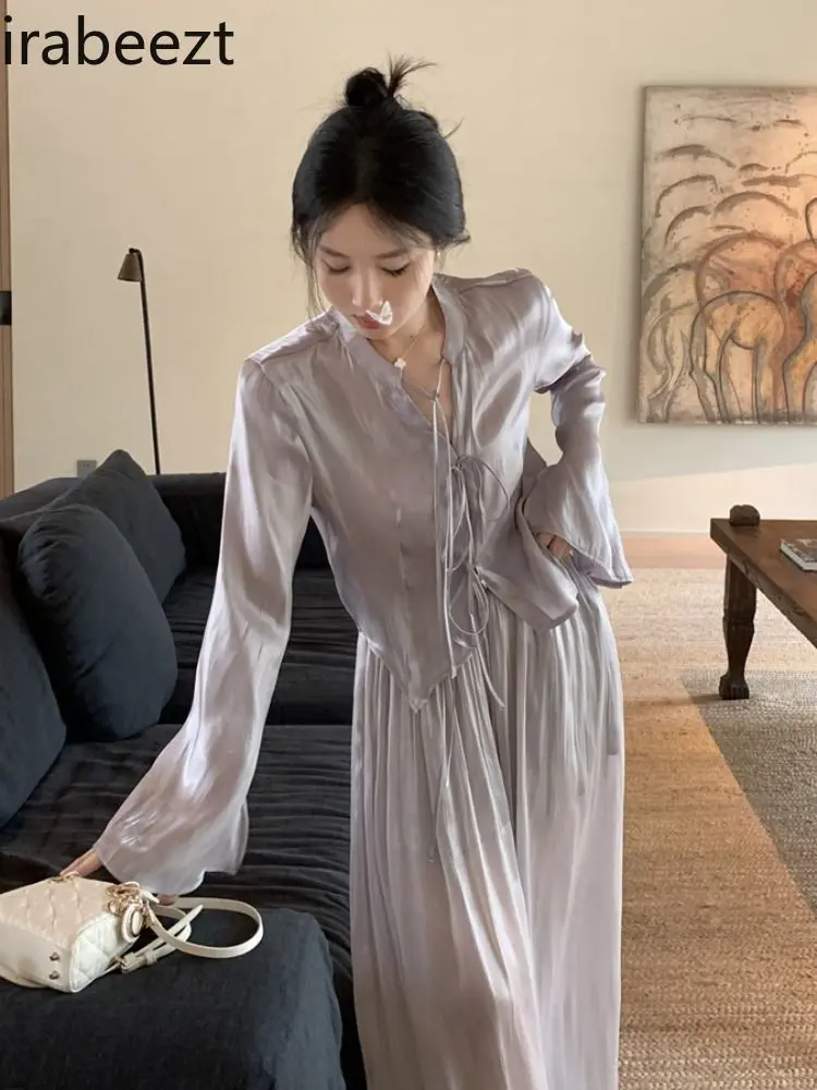 2025 Spring New Chinese Style Satin Bow Tie Shirt + Straight Wide-Leg Skirt Pants Set Women | Elegant Office/Party Wear