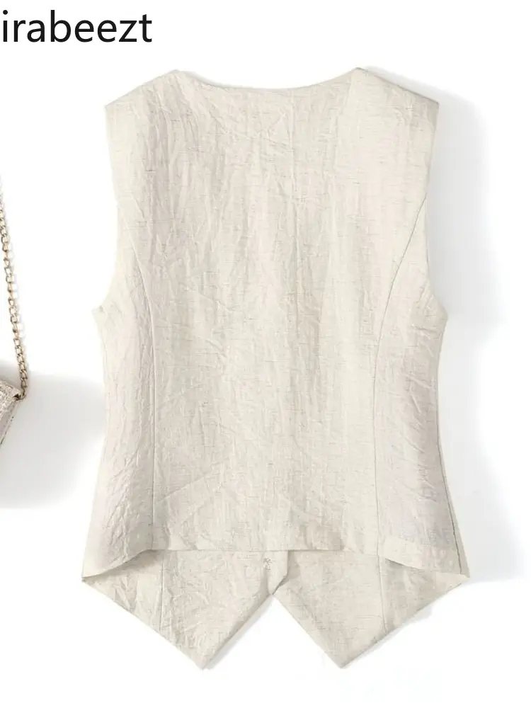 2025 Summer Women's Linen Vest Sleeveless V-Neck Slim Fit Short Waistcoat Casual Office Blazer Jacket Tops Fashion