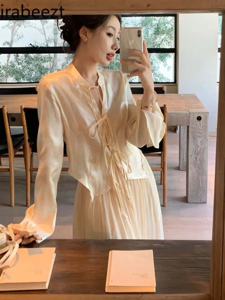 2025 Spring New Chinese Style Satin Bow Tie Shirt + Straight Wide-Leg Skirt Pants Set Women | Elegant Office/Party Wear