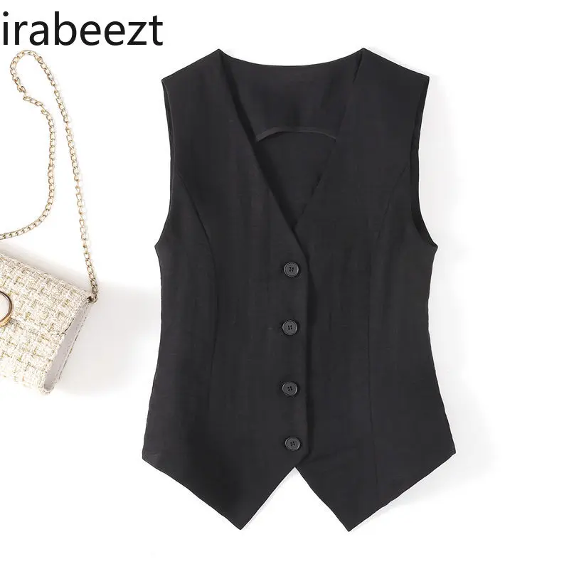 2025 Summer Women's Linen Vest Sleeveless V-Neck Slim Fit Short Waistcoat Casual Office Blazer Jacket Tops Fashion