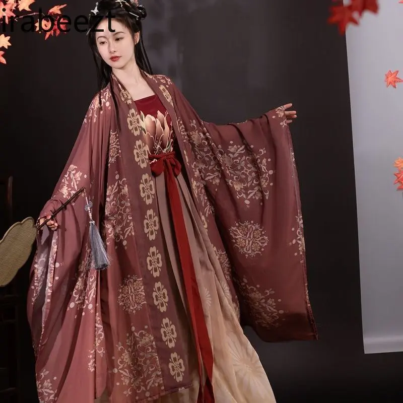 Tang Dynasty Style Hanfu Women's Outfit Summer Chinese Traditional Costume with Flowy Wide Sleeves Blouse and Skirt Set Vintage