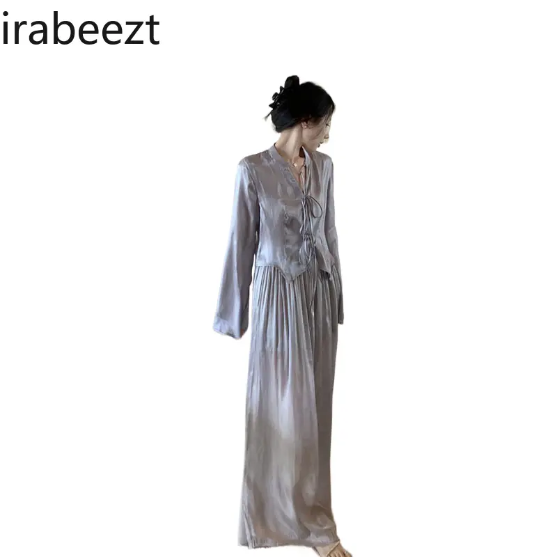 2025 Spring New Chinese Style Satin Bow Tie Shirt + Straight Wide-Leg Skirt Pants Set Women | Elegant Office/Party Wear