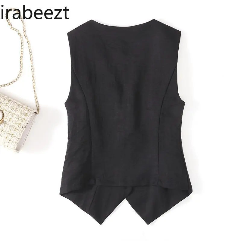 2025 Summer Women's Linen Vest Sleeveless V-Neck Slim Fit Short Waistcoat Casual Office Blazer Jacket Tops Fashion