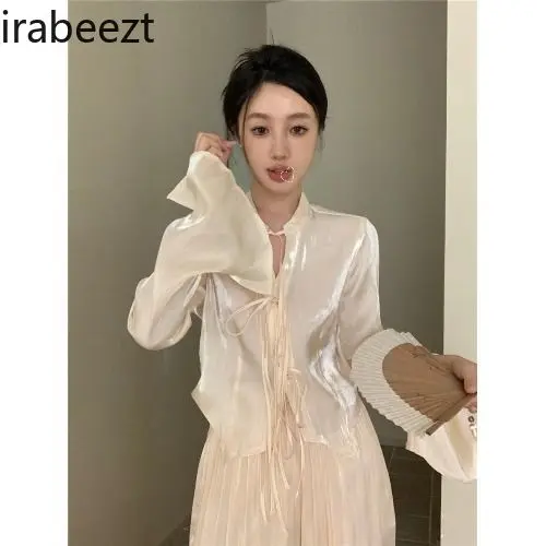 2025 Spring New Chinese Style Satin Bow Tie Shirt + Straight Wide-Leg Skirt Pants Set Women | Elegant Office/Party Wear