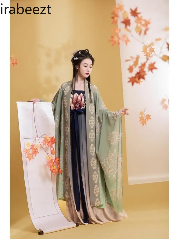 Tang Dynasty Style Hanfu Women's Outfit Summer Chinese Traditional Costume with Flowy Wide Sleeves Blouse and Skirt Set Vintage