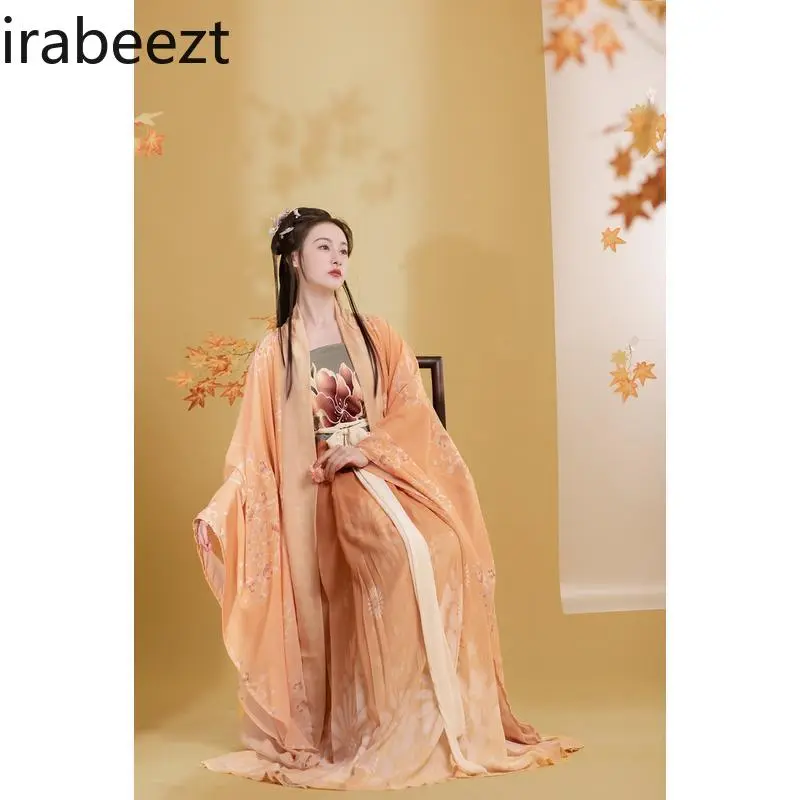 Tang Dynasty Style Hanfu Women's Outfit Summer Chinese Traditional Costume with Flowy Wide Sleeves Blouse and Skirt Set Vintage