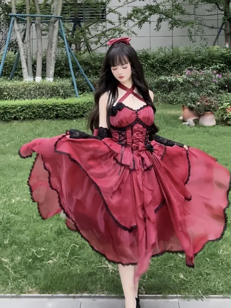 Fashionable Elegant and Gorgeous Suspender Long Skirt Suit Solid Color Long Summer Sweet Lolita Dress
