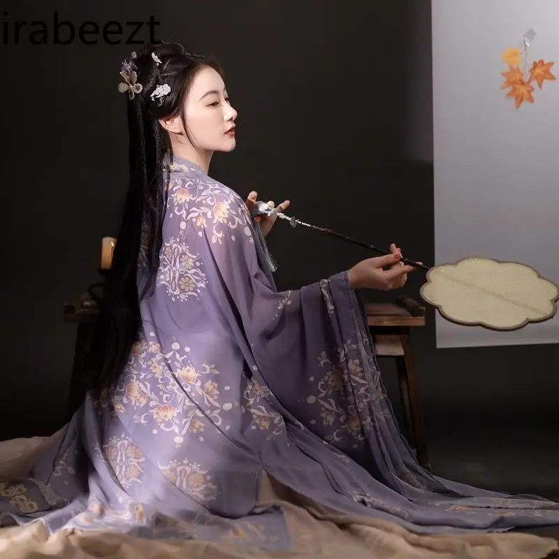 Tang Dynasty Style Hanfu Women's Outfit Summer Chinese Traditional Costume with Flowy Wide Sleeves Blouse and Skirt Set Vintage