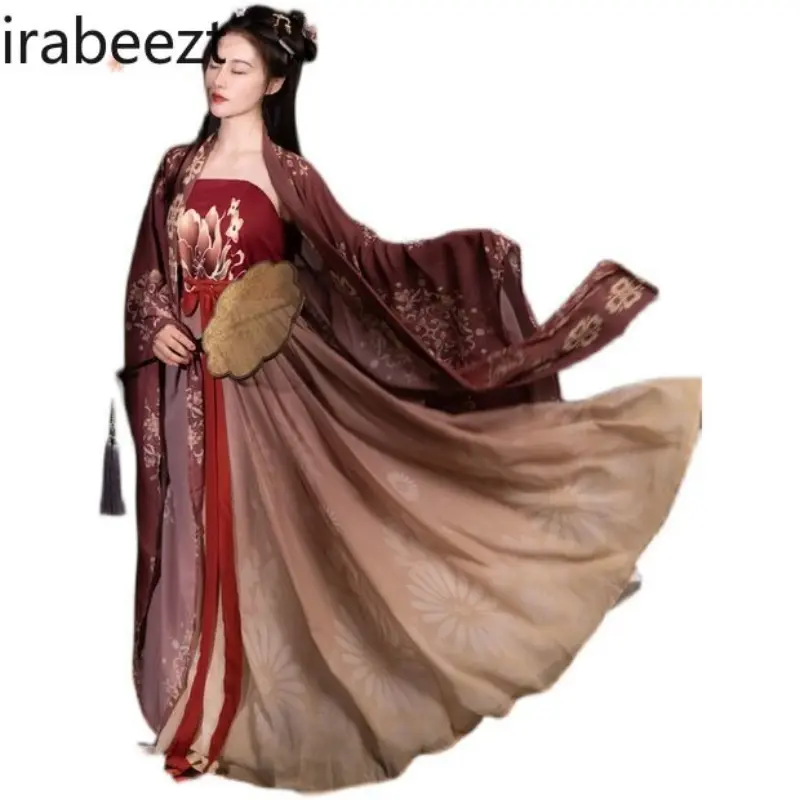 Tang Dynasty Style Hanfu Women's Outfit Summer Chinese Traditional Costume with Flowy Wide Sleeves Blouse and Skirt Set Vintage