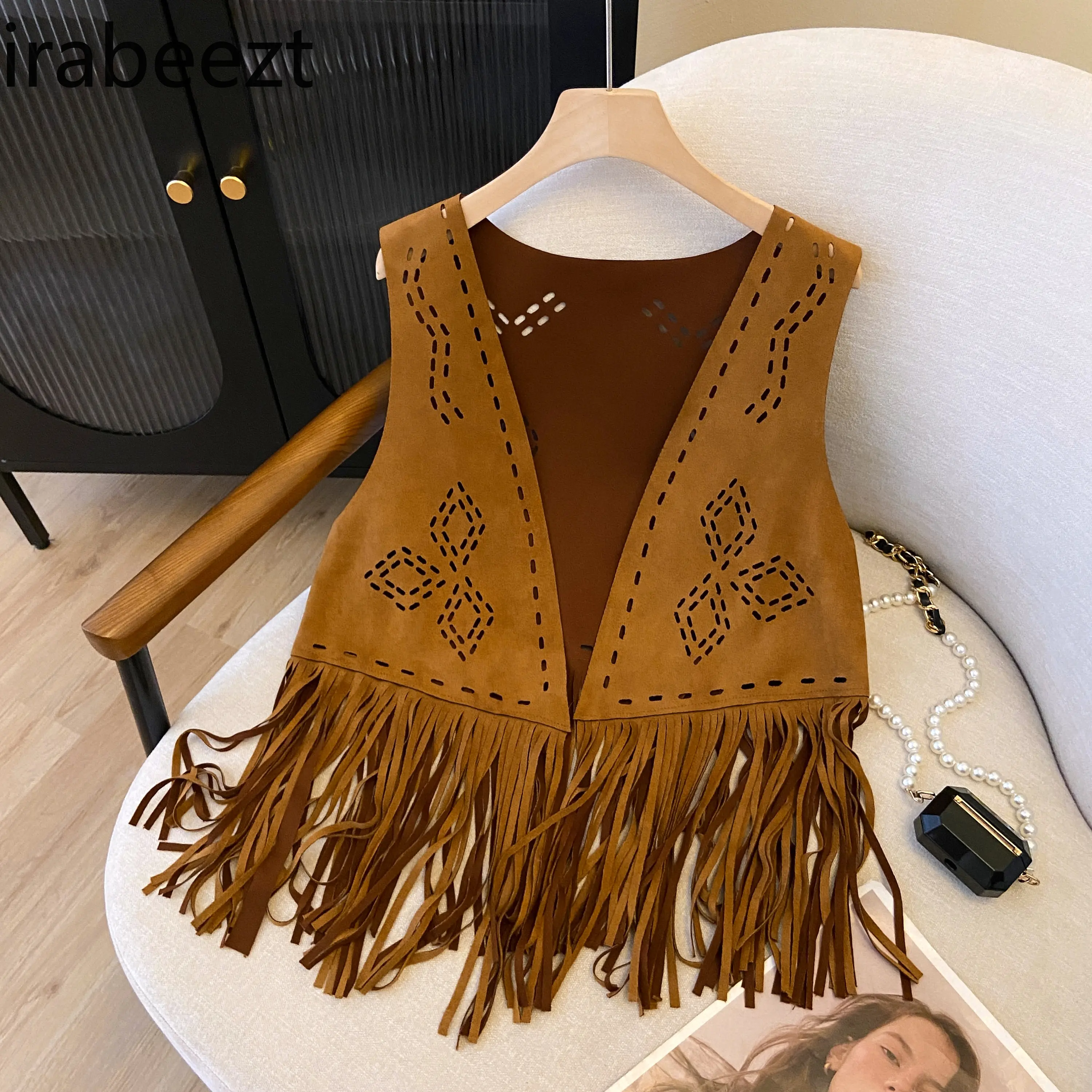 Bohemian Fringe Suede Vest Women's Western Denim Openwork Jacket Casual Crochet Lace-Up Cardigan Casacas Para Mujer