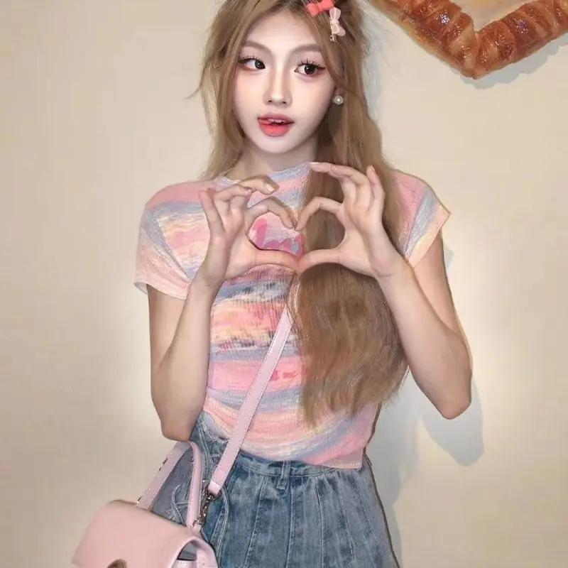 Women T-Shirts Knitted Spliced O-Neck Crop Tops Design Sense Dopamine Trend Sweet Spicy Girl Top Lady Clothing