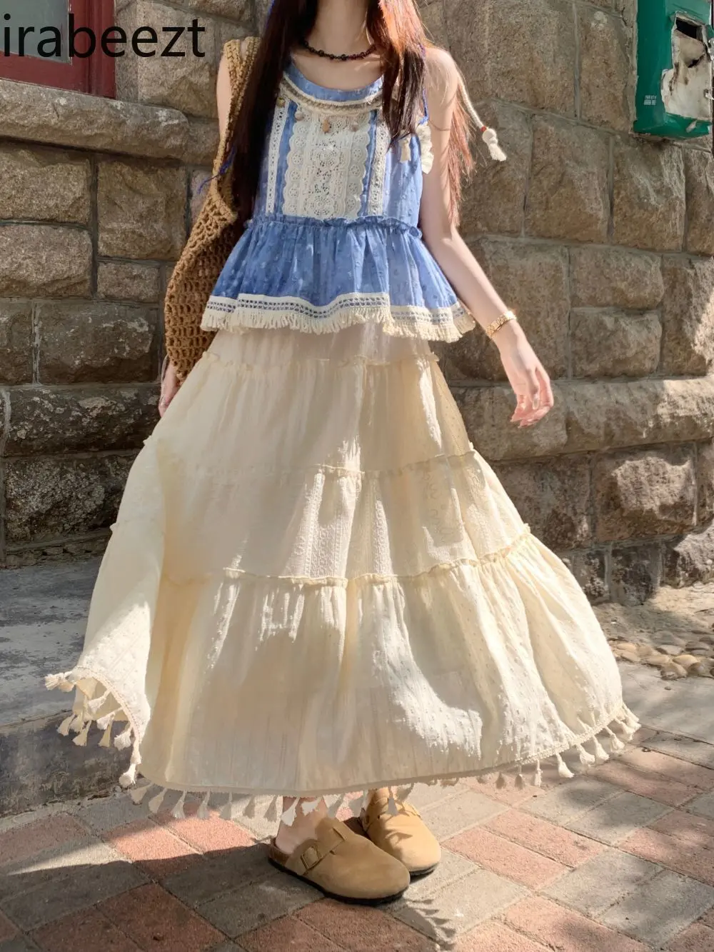 Bohemian Summer Two-Piece Set for Women Off-Shoulder Top & Layered Embroidery Perfect for Beach Vacation Casual Wear
