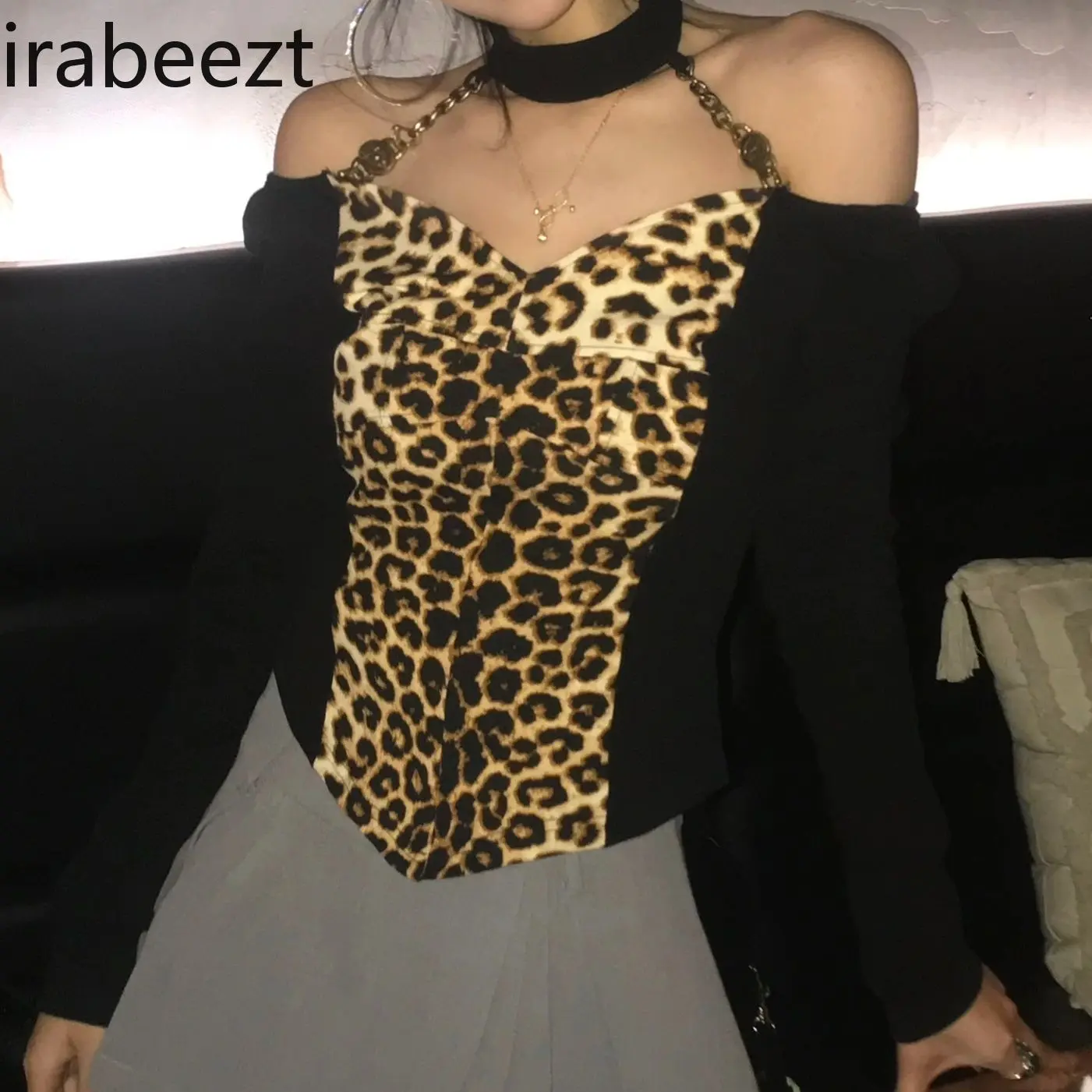 American Retro Leopard Print Splicing Top Female Autumn/winter Spice Girl Style Slim Long Sleeve Base T Shirt Women Clothes