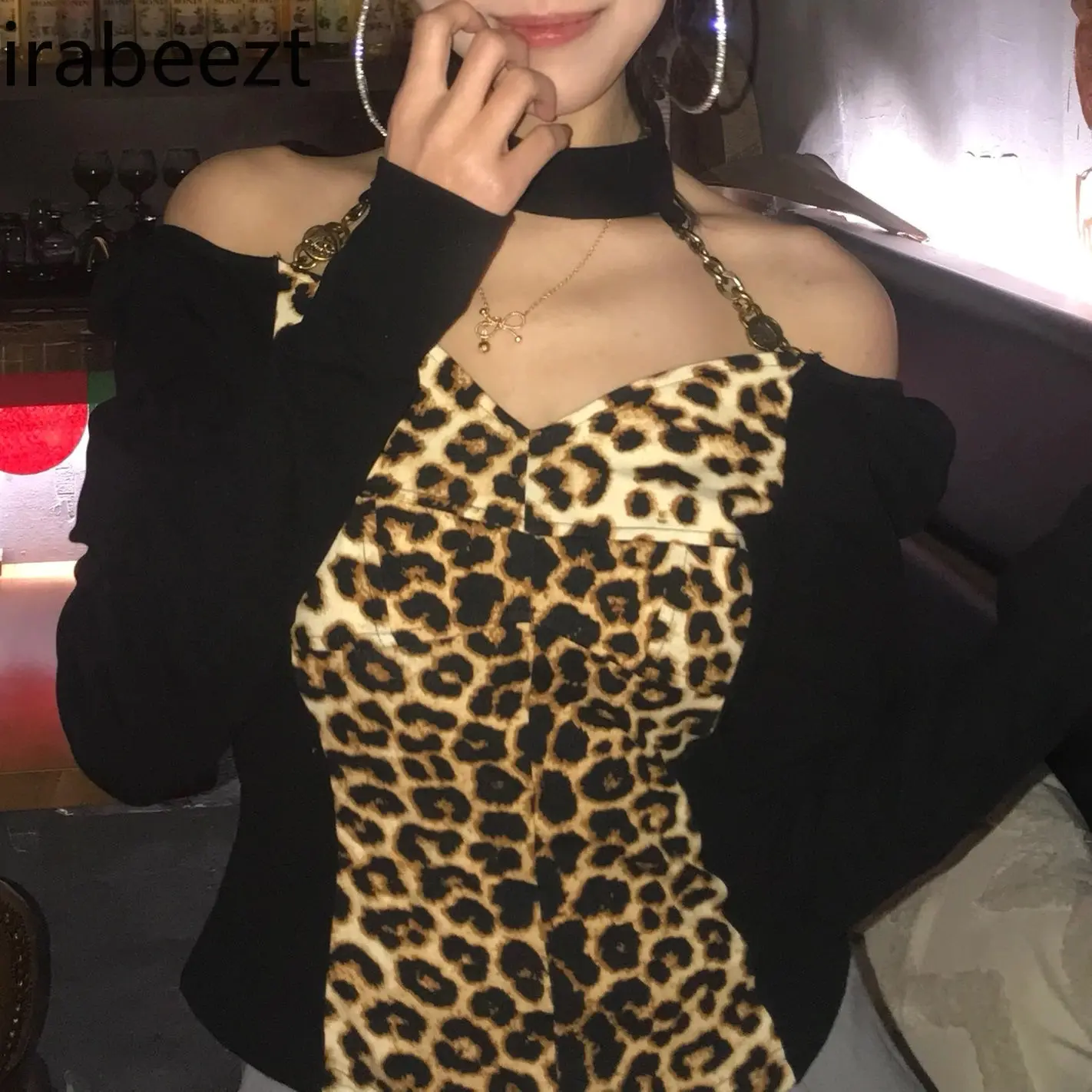 American Retro Leopard Print Splicing Top Female Autumn/winter Spice Girl Style Slim Long Sleeve Base T Shirt Women Clothes