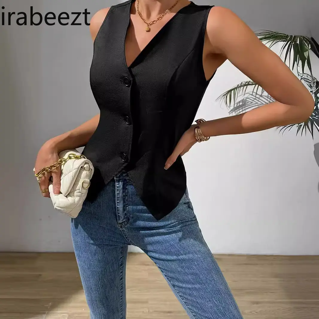 2025 New Women's Solid Color Vest Fashion Sleeveless Jacket Casual Chic Outerwear, Streetwear Layering Jaqueta Feminina