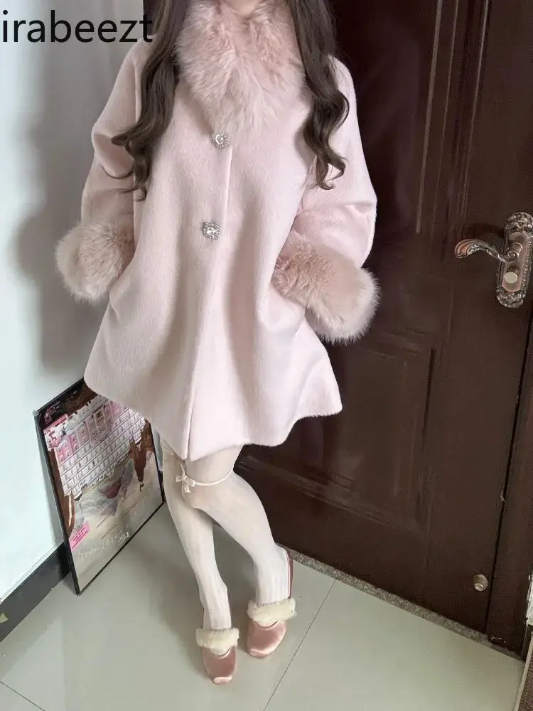 2024 Autumn and Winter New French Style Rich Lady Cloak Coat Fur Collar Fashionable Woolen Top Loose Fit Jaqueta Feminina