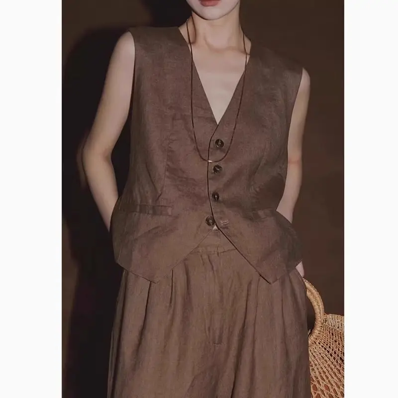 French Linen Sleeveless Vest Women 2025 Summer Luxury Quiet Luxury Waistcoat Slim Boho Chic Tops Chalecos Para Mujer
