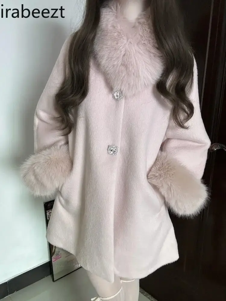 2024 Autumn and Winter New French Style Rich Lady Cloak Coat Fur Collar Fashionable Woolen Top Loose Fit Jaqueta Feminina