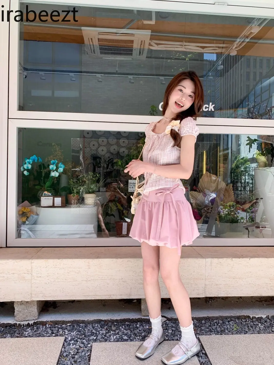 2025 New Women's Pink Short Sleeve Gingham Shirt Bow Tie Bubble Sleeve Blouse Summer Casual Tops Roupas Femininas