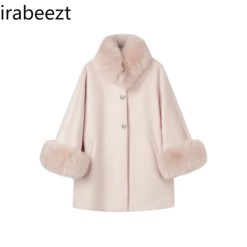 2024 Autumn and Winter New French Style Rich Lady Cloak Coat Fur Collar Fashionable Woolen Top Loose Fit Jaqueta Feminina