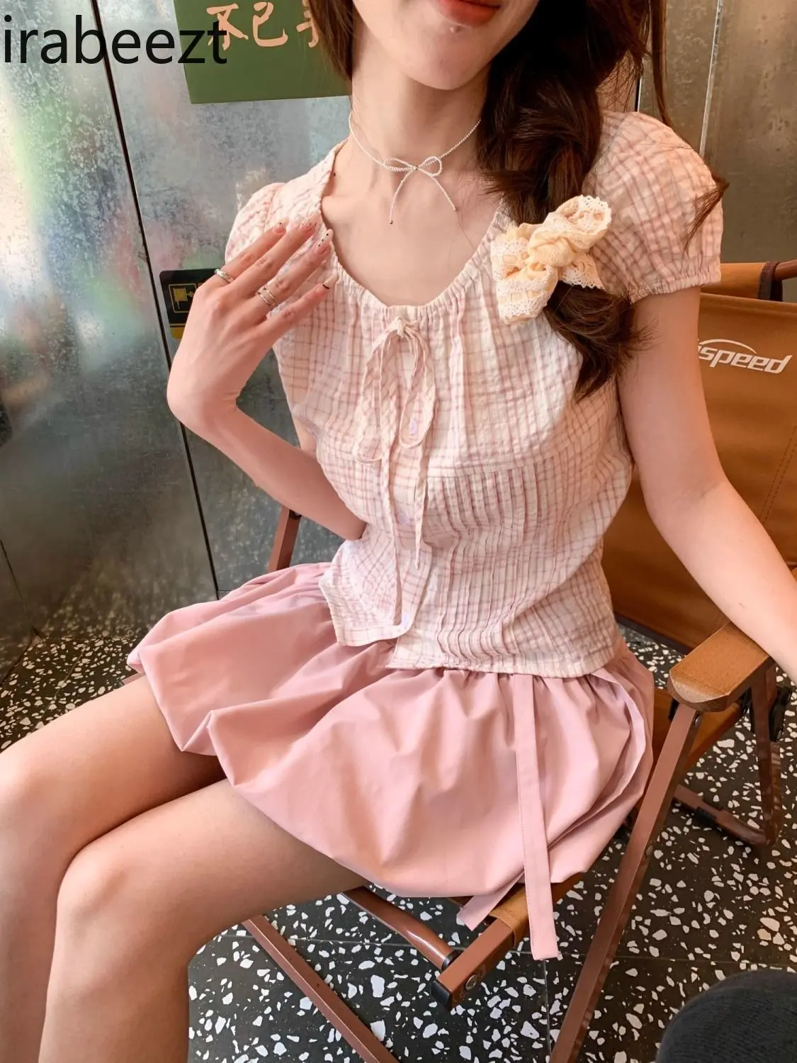 2025 New Women's Pink Short Sleeve Gingham Shirt Bow Tie Bubble Sleeve Blouse Summer Casual Tops Roupas Femininas