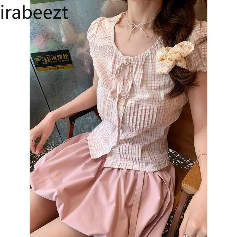 2025 New Women's Pink Short Sleeve Gingham Shirt Bow Tie Bubble Sleeve Blouse Summer Casual Tops Roupas Femininas