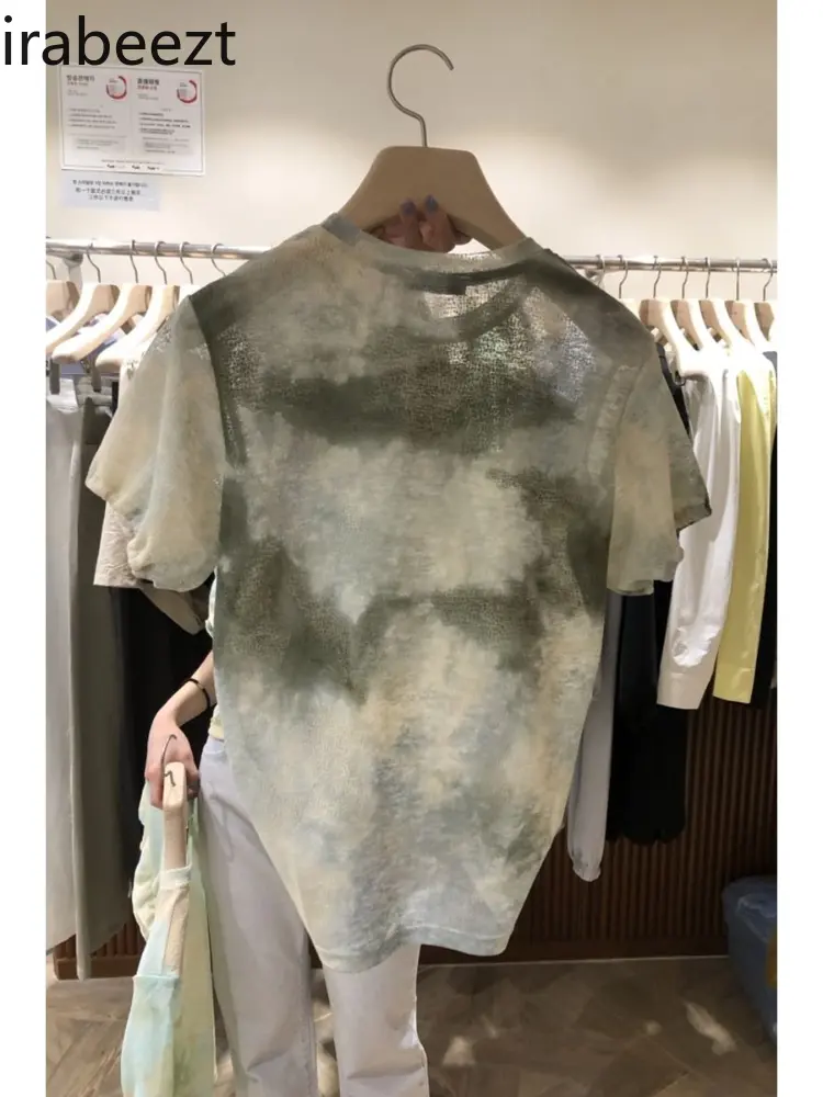 Mainland China 2024 Summer New Style Pleated Color Blend Micro Transparent Comfortable Short-sleeve T-shirt Blouse