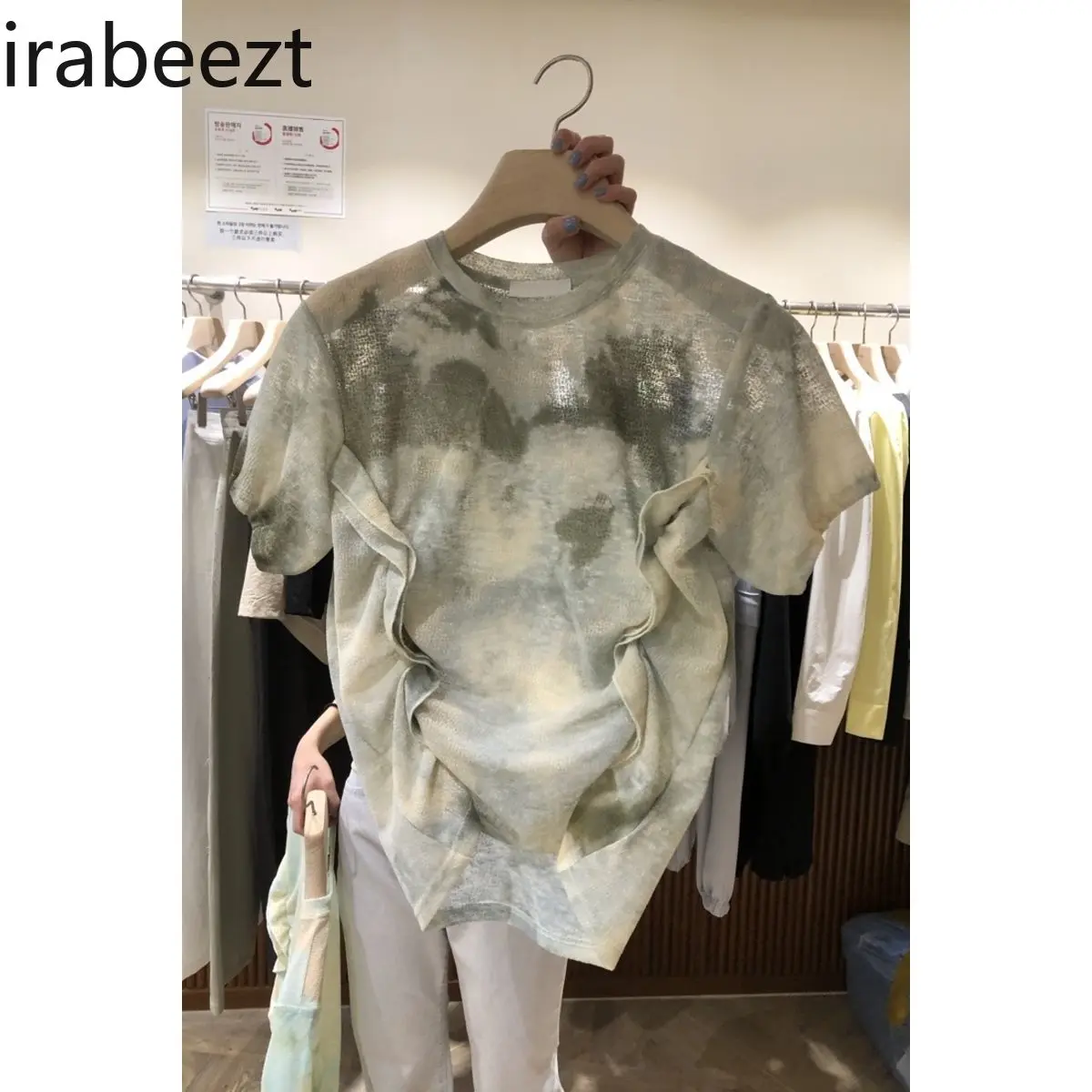 Mainland China 2024 Summer New Style Pleated Color Blend Micro Transparent Comfortable Short-sleeve T-shirt Blouse