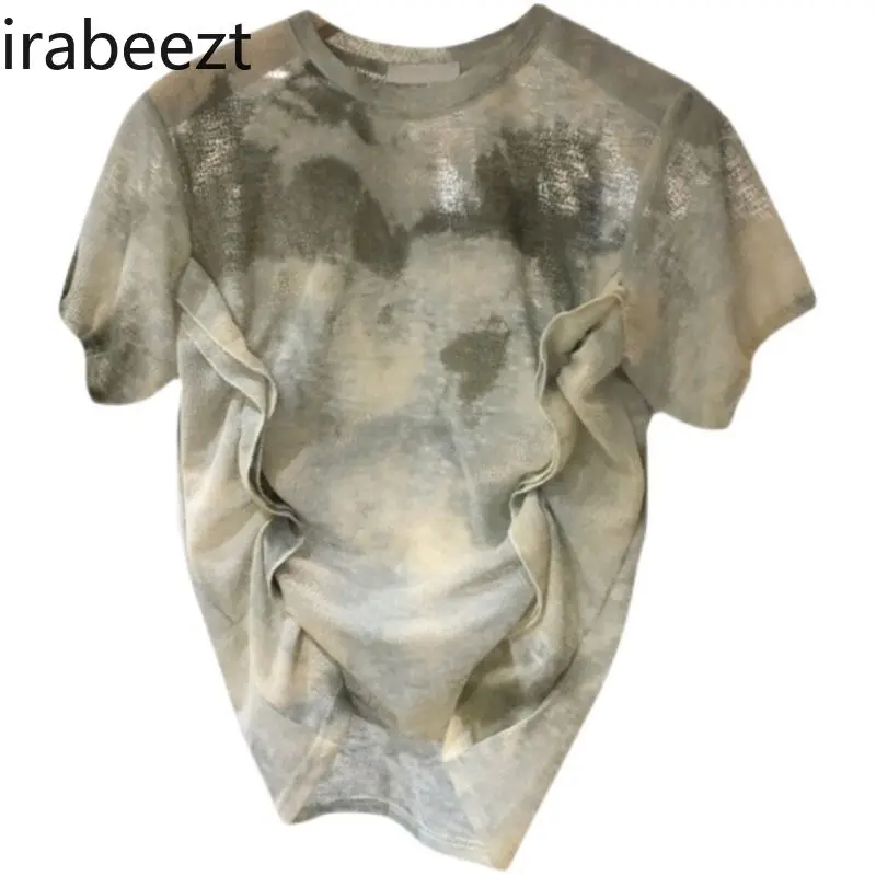 Mainland China 2024 Summer New Style Pleated Color Blend Micro Transparent Comfortable Short-sleeve T-shirt Blouse
