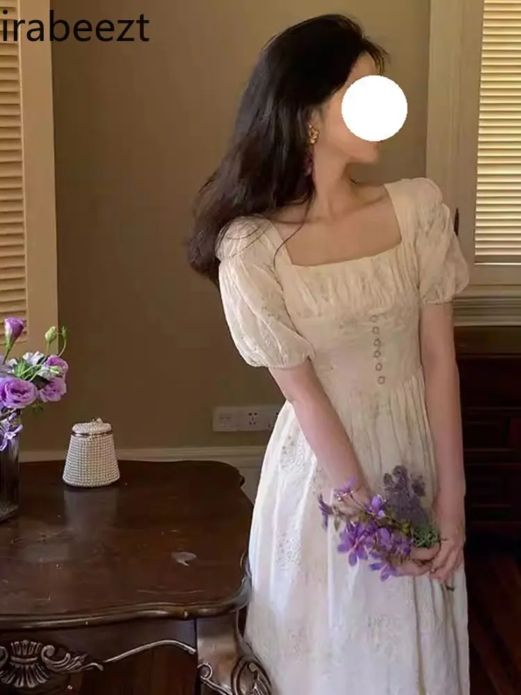 2025 Summer French Retro Tea Robe Bubble Sleeve Floral Print Square Neck Long Dress Elegant Women's Dress Vestidos De Fiesta