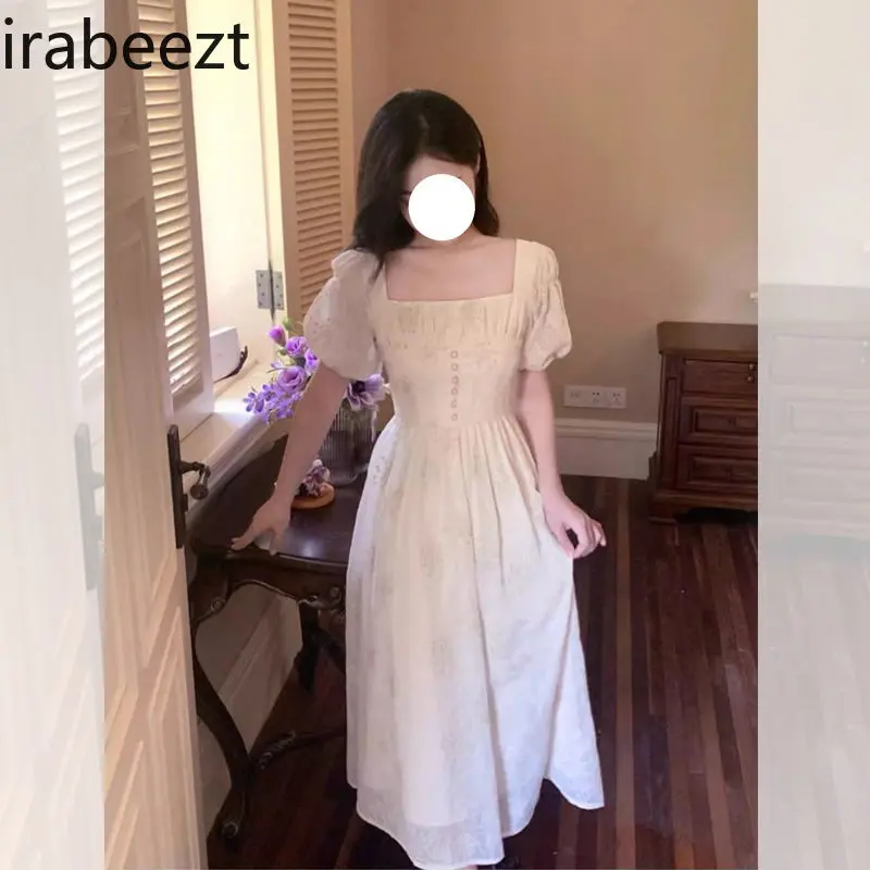 2025 Summer French Retro Tea Robe Bubble Sleeve Floral Print Square Neck Long Dress Elegant Women's Dress Vestidos De Fiesta
