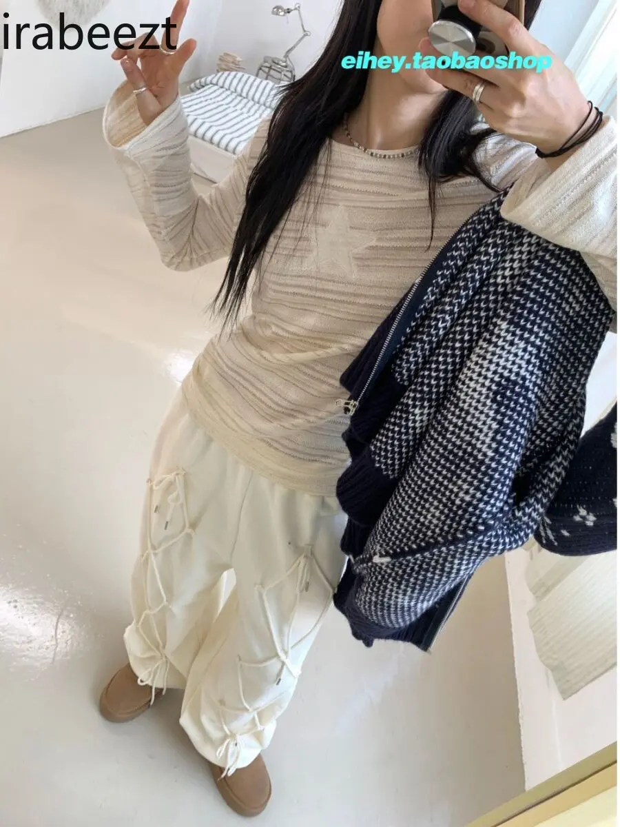Fashion Niche Street Vintage Star Cream Mixed Stripes Slim Round Neck Long Sleeve Base Blouse Woman Vintage Feminist Shirt