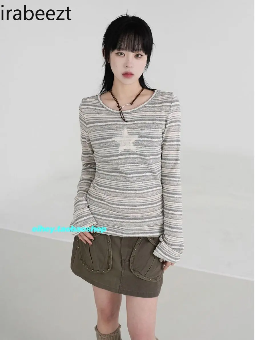 Fashion Niche Street Vintage Star Cream Mixed Stripes Slim Round Neck Long Sleeve Base Blouse Woman Vintage Feminist Shirt