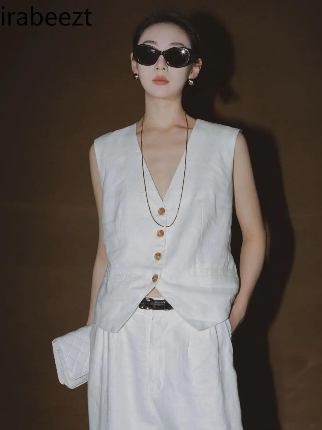 Women's V-Neck Button-Up Linen Vest Sleeveless Open Front Cardigan Casual Chic Summer Waistcoat Chaleco Mujer