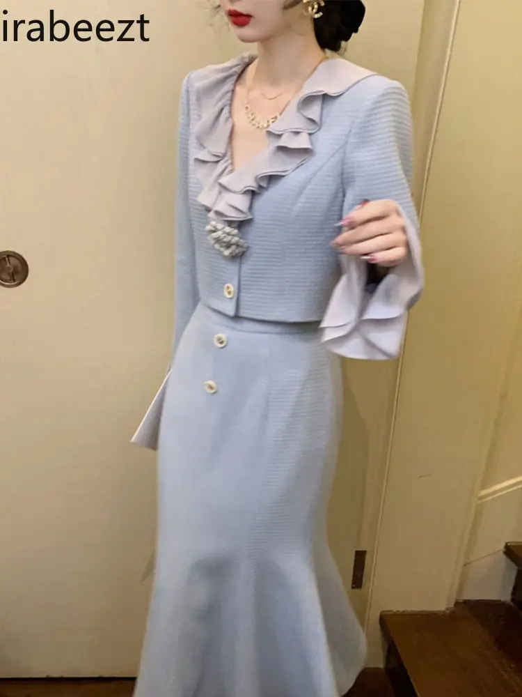 Sweet Girl Dress Set Spring Floral Embroidery Bowknot Sheath Dress + Ruffled Blouse Two-Piece Outfit for Women Elegant Wear