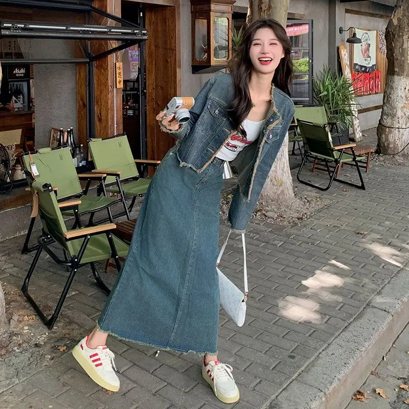 Vintage Jeans Jackets Women A-Line Skirt 2 Pieces Sets Spring New Denim Two Piece Suits Lady Clothing