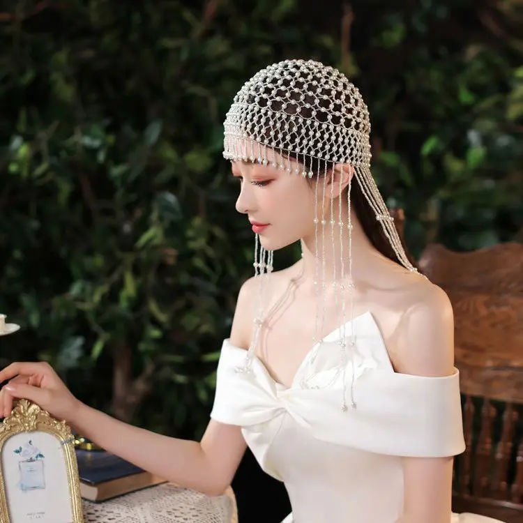 Handmade Beaded Fashion Headdress Glass Imitation Pearl Red Hat  Mainland China Popular Fashion Bonnets for Women