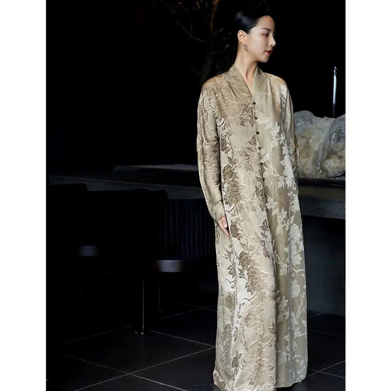 Spring New Chinese Style Floral V-Neck Long Sleeve Elegant Dress for Women Formal Occasion Plus Size Fashion Gown