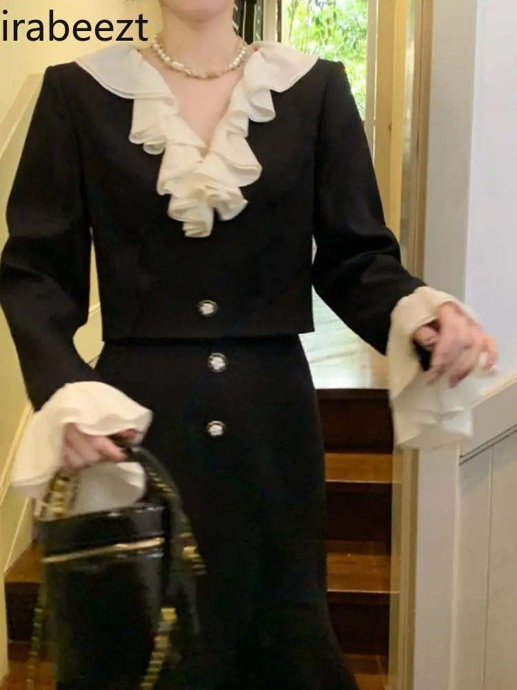 Sweet Girl Dress Set Spring Floral Embroidery Bowknot Sheath Dress + Ruffled Blouse Two-Piece Outfit for Women Elegant Wear