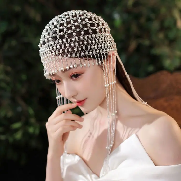 Handmade Beaded Fashion Headdress Glass Imitation Pearl Red Hat  Mainland China Popular Fashion Bonnets for Women