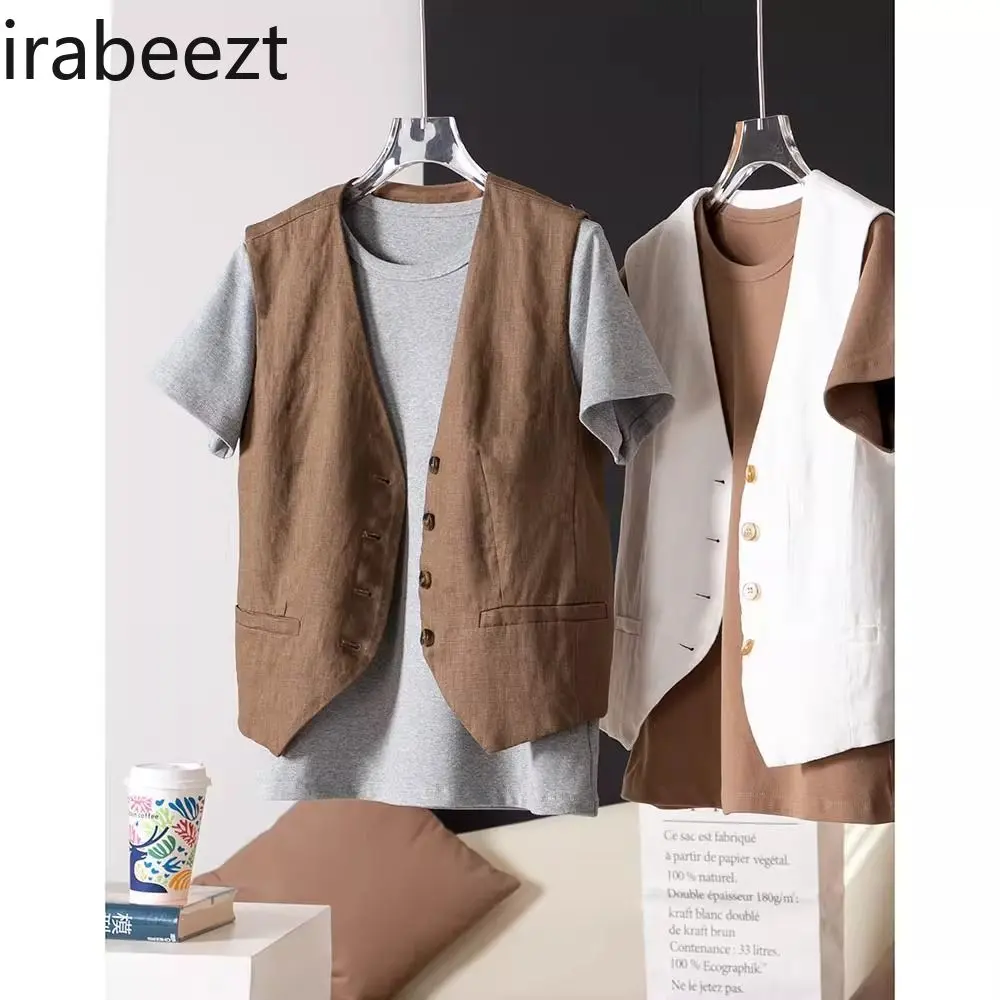 Summer Women's Linen Vest Short Sleeve Open Front Cardigan Casual Chic Blouse Tops Beach Cover Up Boho Outfit Coat